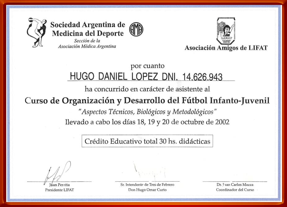 Curso de Organización y Desarrollo del Futbol. Octubre 2002. Sociedad Argentina de Medicina del Deporte.